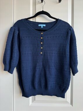 Draper James RSVP Navy Blue Pointelle Short Sleeve Henley Sweater XL